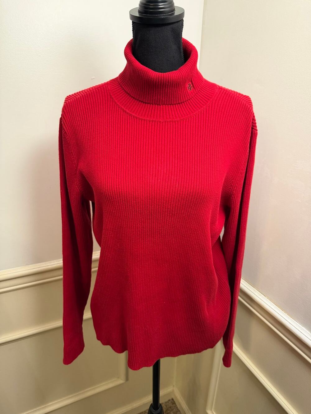 Lauren Ralph Lauren Vintage Red Ribbed Knit Turtleneck Sweater Cotton LRL Logo